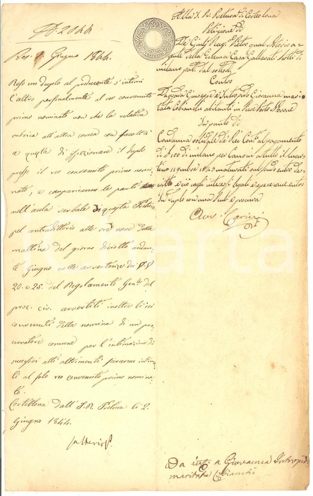 Documento originale, autentico 1844 PIEVE PORTO MORONE (PV) Giuseppe DAGRADA debitore affitti arretrati 1