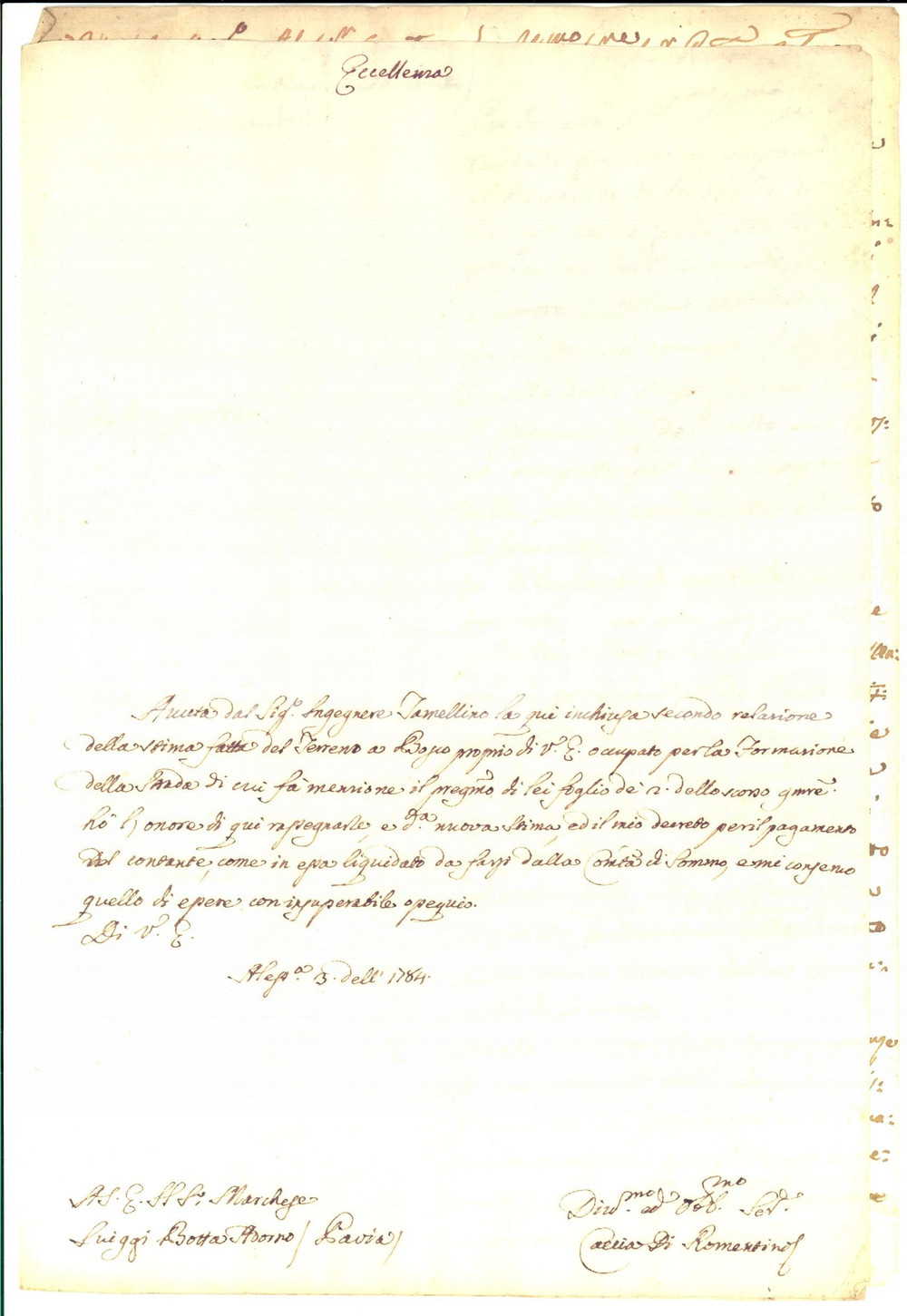 Documento originale, autentico 1784 ALESSANDRIA Conte Antonio CACCIA DI ROMENTINO invia la perizia su un bosco 1