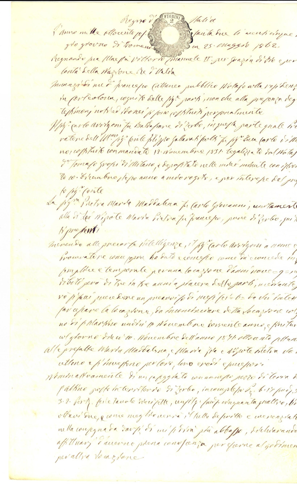Documento originale, autentico 1862 ZERBO (PV) Affitto a Maria Maddalena PIETRA caseggiato con terre 1