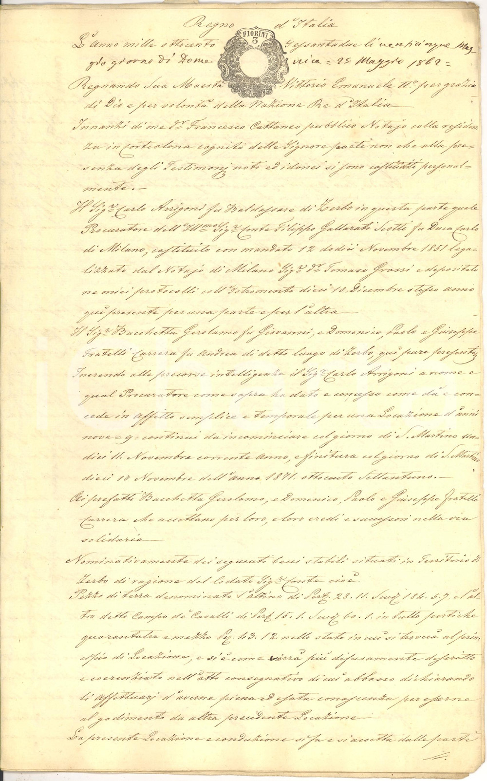 Documento originale, autentico 1862 ZERBO GALLARATI SCOTTI affitta a f.lli BUCCHETTA 1