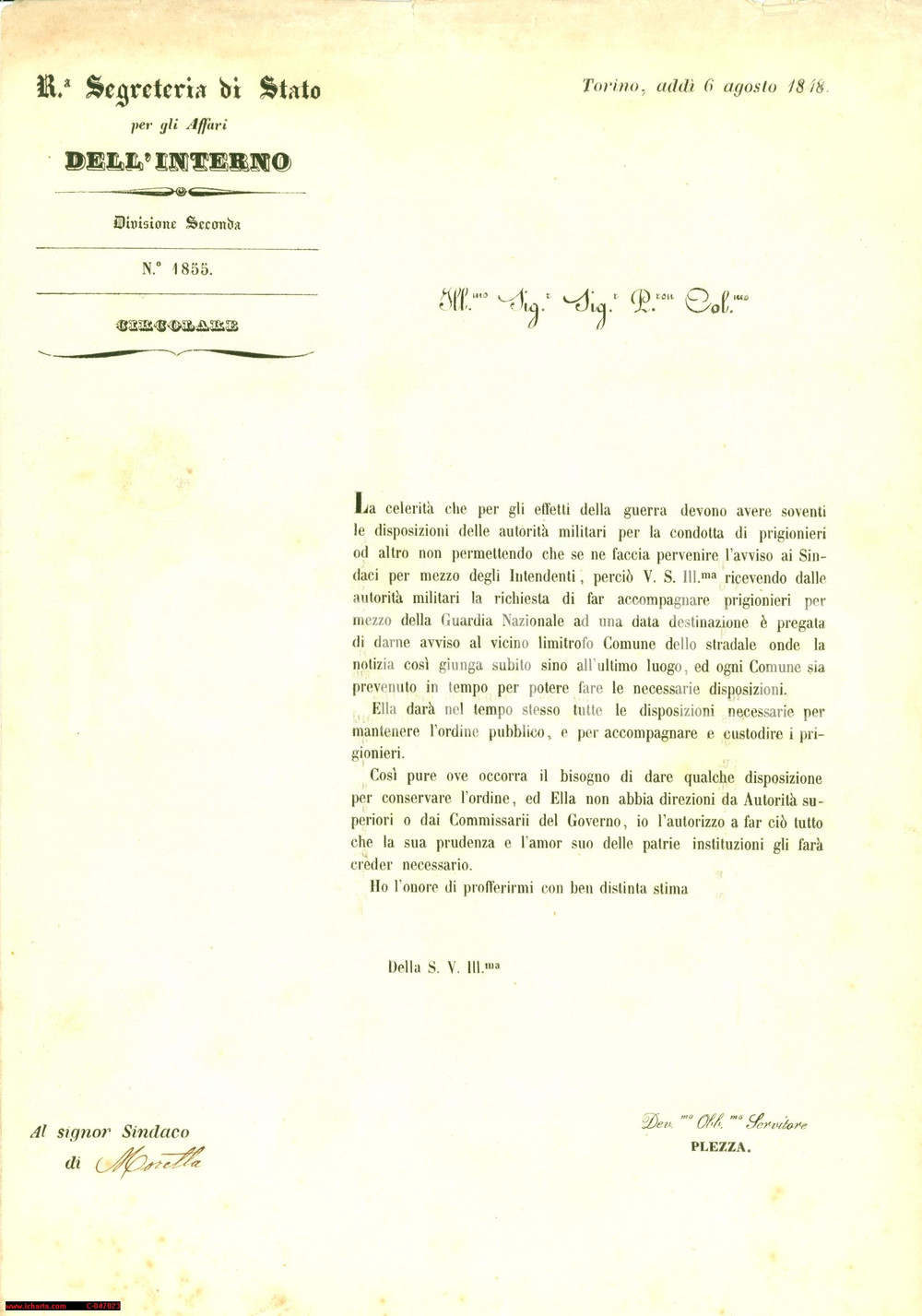 Documento originale, autentico 1848 TORINO Trasporto prigionieri per Guardia Nazionale 1