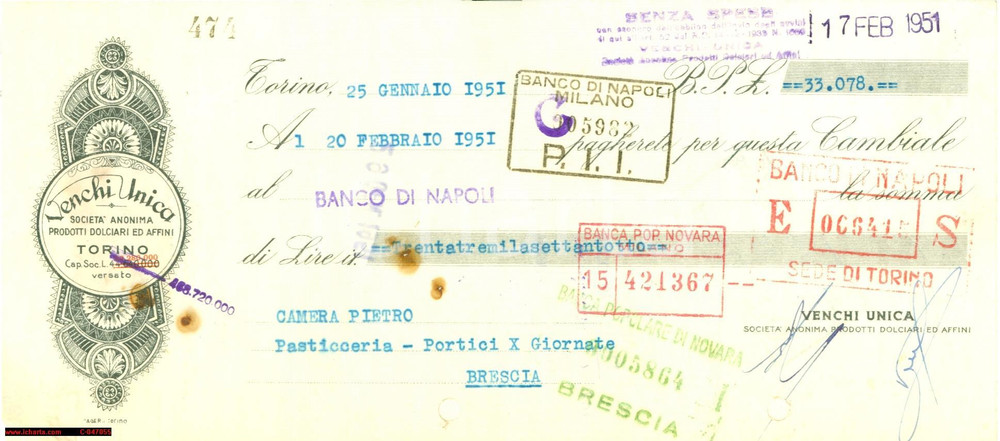 Documento originale, autentico 1951 TORINO Prodotti dolciari e affini VENCHI UNICA 1