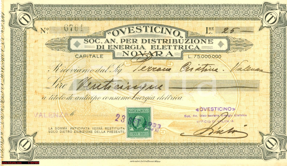 Documento originale, autentico 1933 NOVARA SocietÃ  distribuzione elettrica OVESTICINO 1