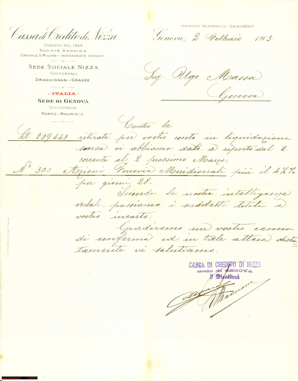 Manoscritto, lettera originale 1903 GENOVA 300 azioni Ferrovie Meridionali a Ugo MASSA 1