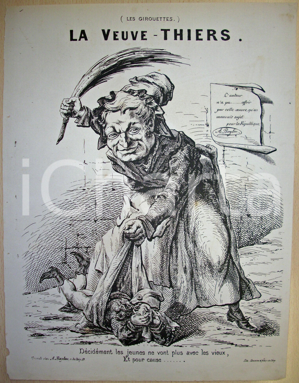 Stampa, bozzetto originale 1871 caricatura LA VEUVE-THIERS Illustratore BAYLAC 1