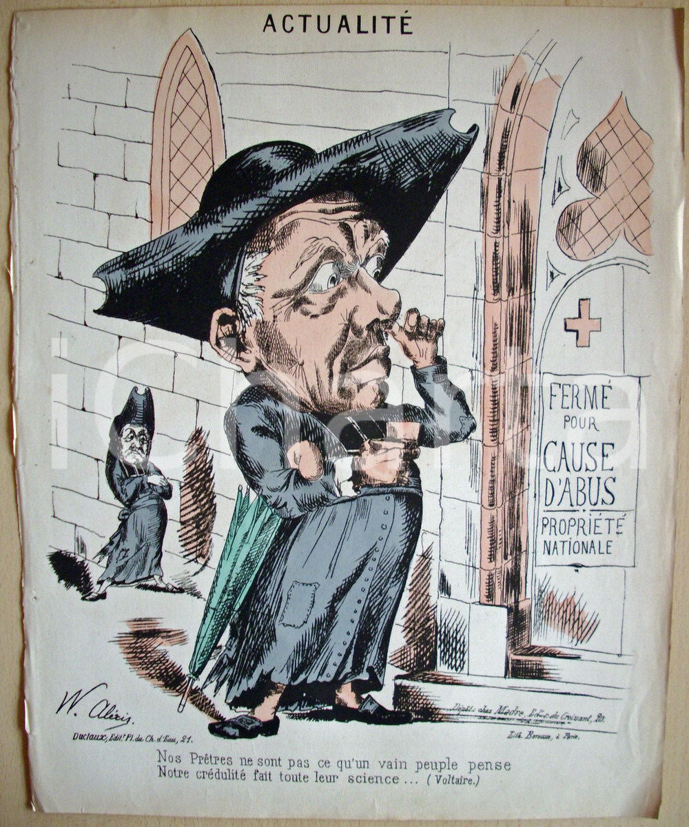 Stampa, bozzetto originale 1871 Caricatura Chiesa chiusa per abuso Ill. W. ALEXIS 1