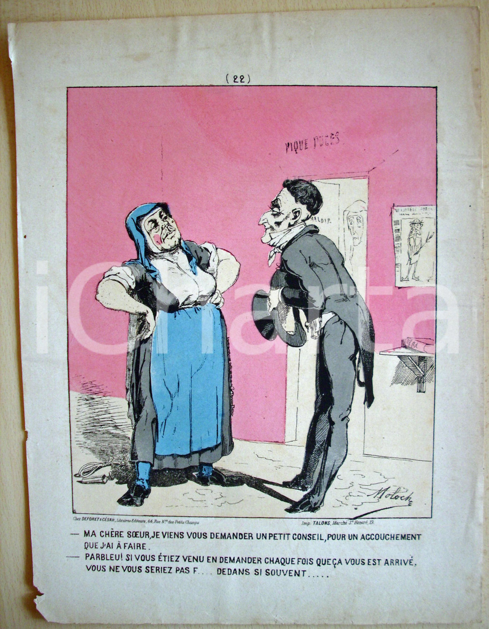 Stampa, bozzetto originale 1871 Caricatura Un petit conseil pour un accouchement 1