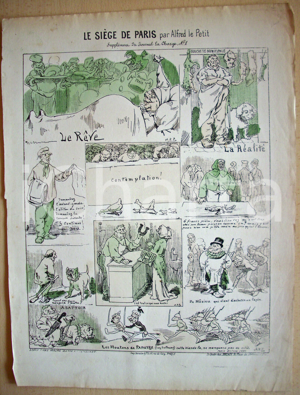 Stampa, bozzetto originale 1871 Alfred LE PETIT Satira Le siÃ¨ge de PARIS stampa 1