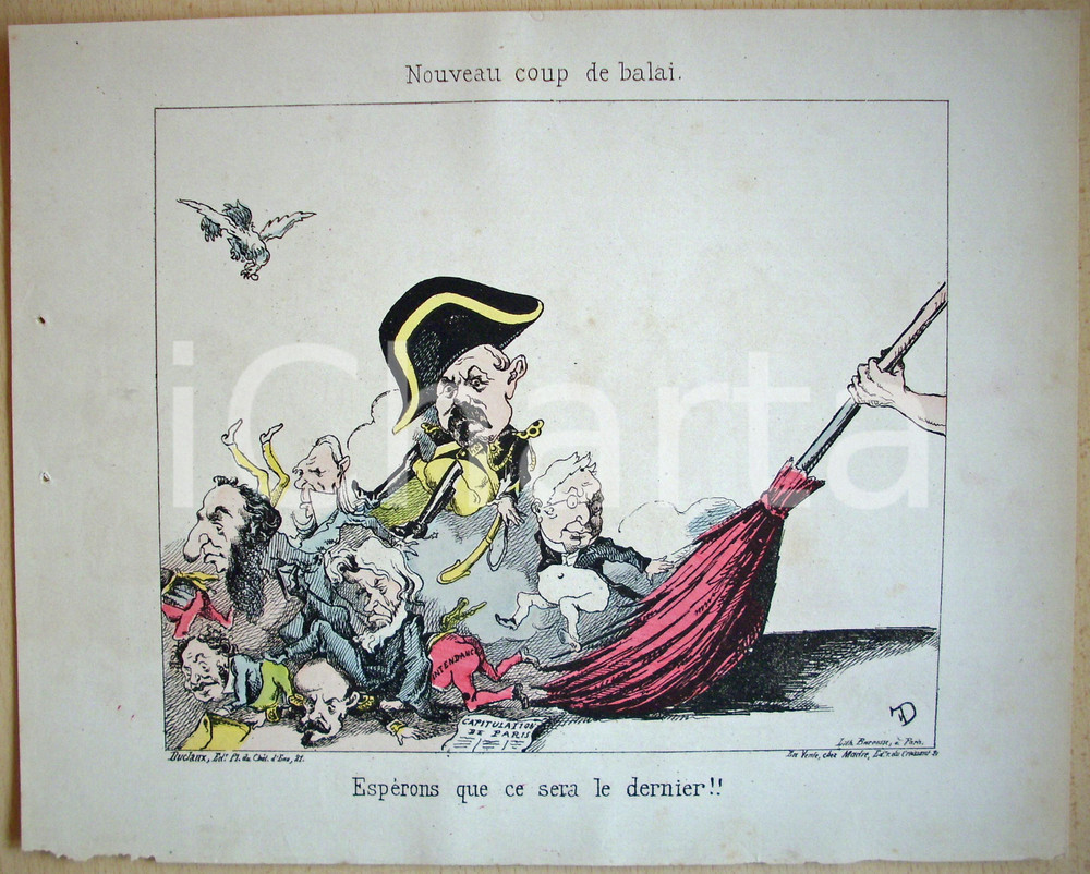 Stampa, bozzetto originale 1871 Caricatura Nouveau coup de balai Illus. DE FRONDAT 1
