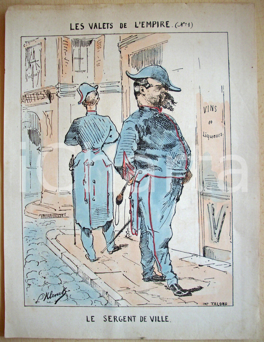 Stampa, bozzetto originale 1871 Caricatura Les Valets de L'EMPIRE Ill. Paul KLENCK 1