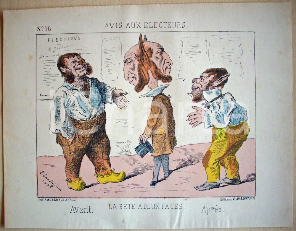 Stampa, bozzetto originale 1871 Caricatura La bÃªte Ã  deux faces AVIS AUX ELECTEURS 1