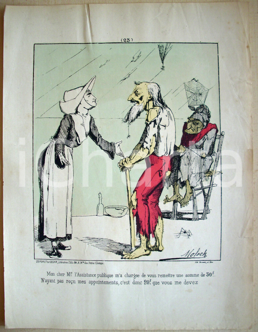 Stampa, bozzetto originale 1871 Satira dell'ASSISTENZA PUBBLICA Ill. Hector MOLOCH 1