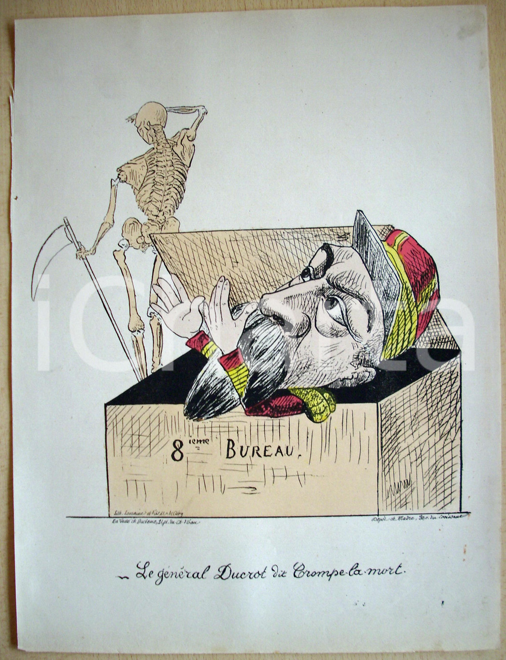 Stampa, bozzetto originale 1871 Caricatura Auguste-Alexandre DUCROT Crompe la mort 1