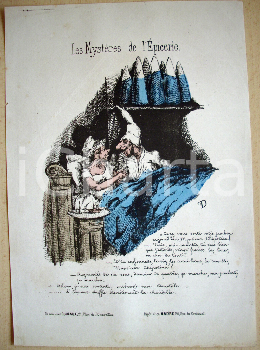 Stampa, bozzetto originale 1871 Caricatura Les MystÃ¨res de l'Epicerie Illustr. FD 1