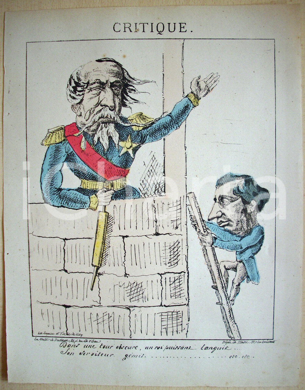Stampa, bozzetto originale 1871 caricatura NAPOLEONE III in prigione sulla torre 1