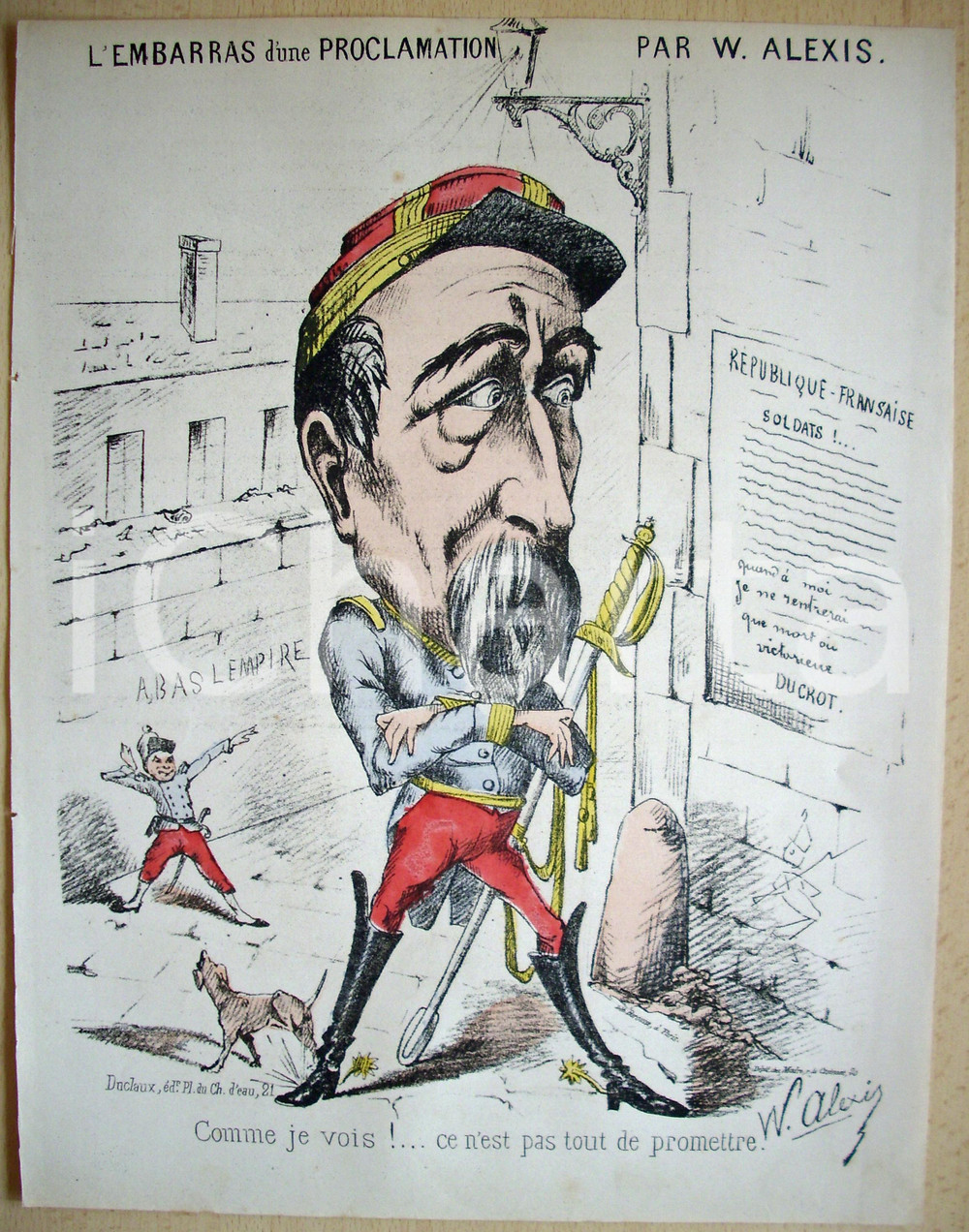 Stampa, bozzetto originale 1871 Caricatura Auguste-Alexandre DUCROT Ill. W. ALEXIS 1