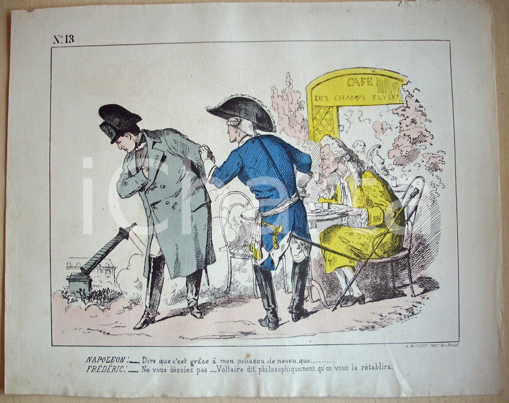 Stampa, bozzetto originale 1871 Caricatura NAPOLEONE I al CafÃ© des CHAMPS-ELYSEES 1