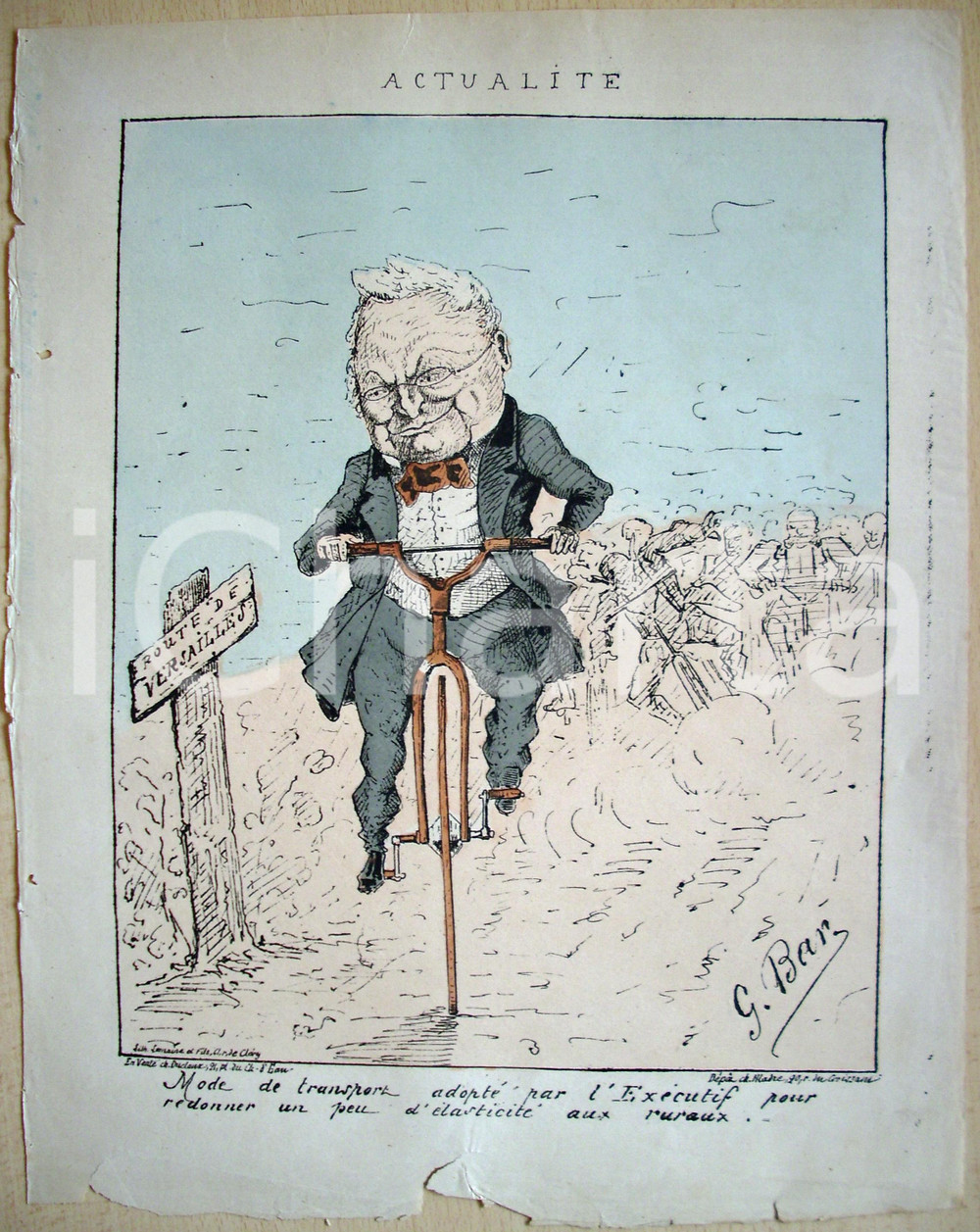 Stampa, bozzetto originale 1871 Caricatura L'esecutivo sui trampoli Illustr G. BAR 1