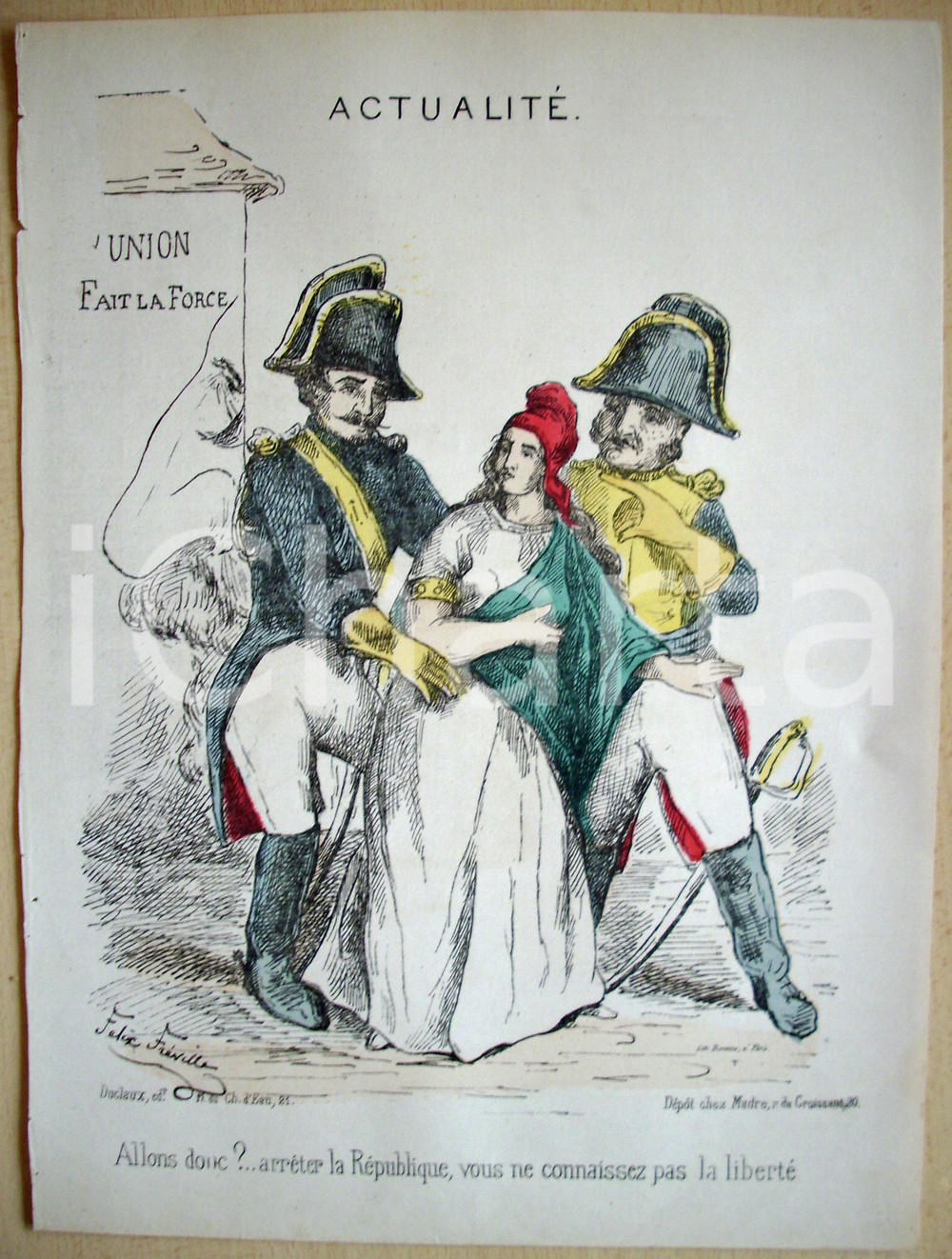 Stampa, bozzetto originale 1871 Caricatura Gendarmi arrestano la REPUBBLICA Stampa 1