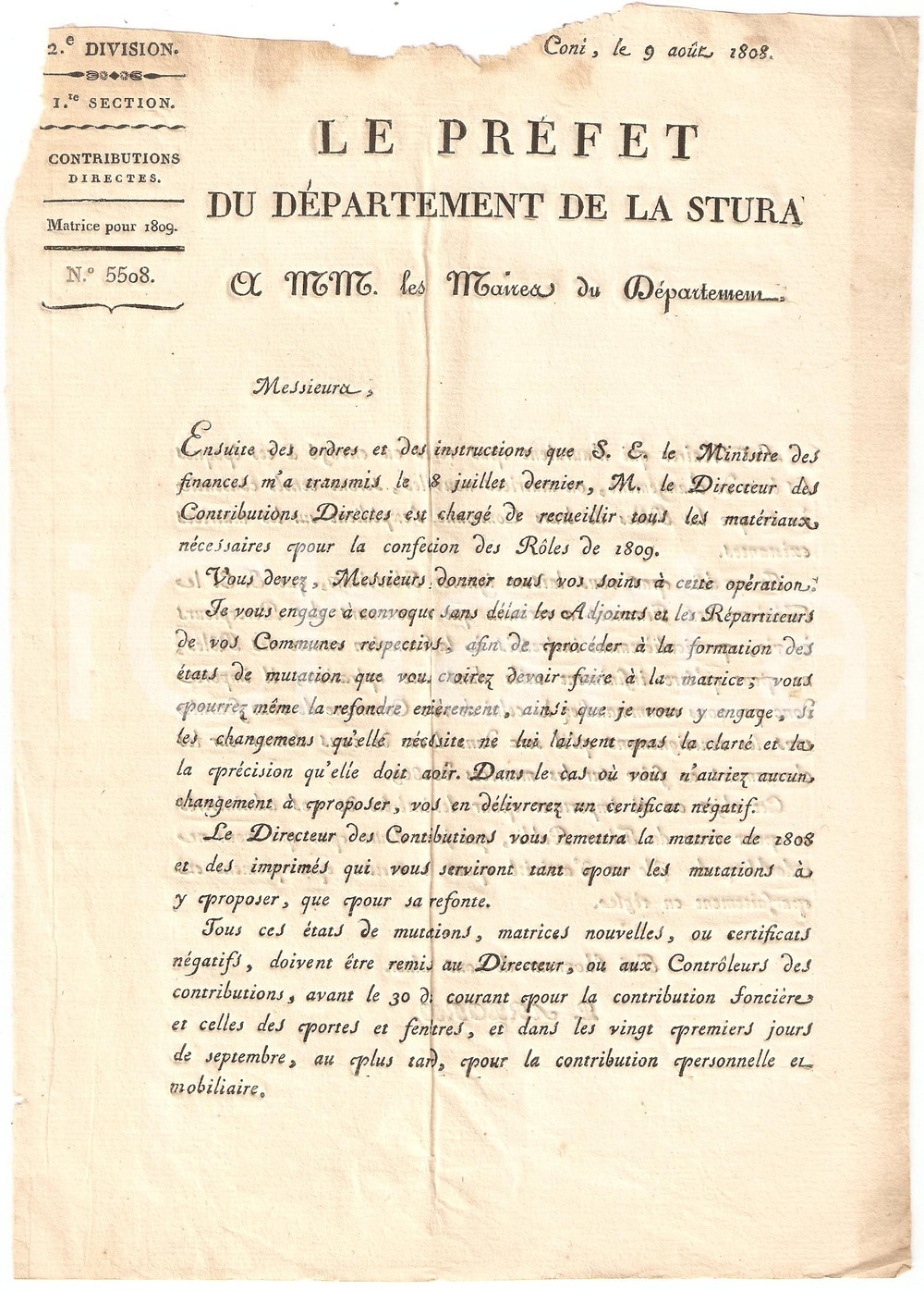 Documento originale, autentico 1808 DIPARTIMENTO DELLA STURA Istruzioni alle Mairies 1