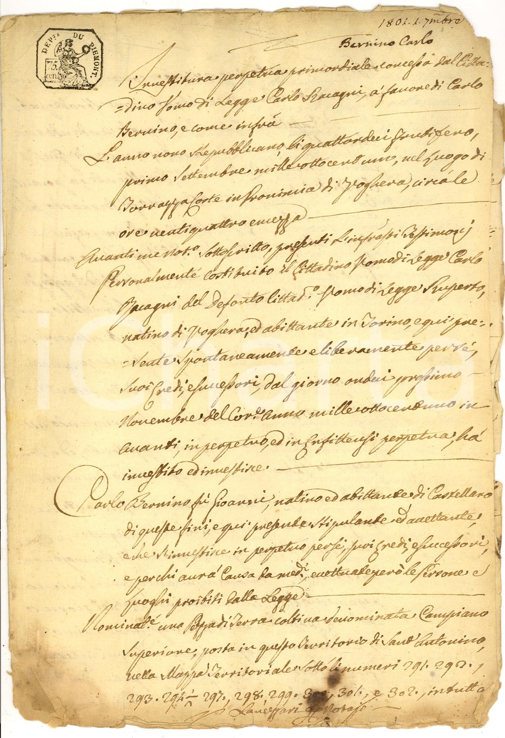 Documento originale, autentico 1801 TORRAZZA COSTE Investitura perpetua avv. RACCAGNI 1