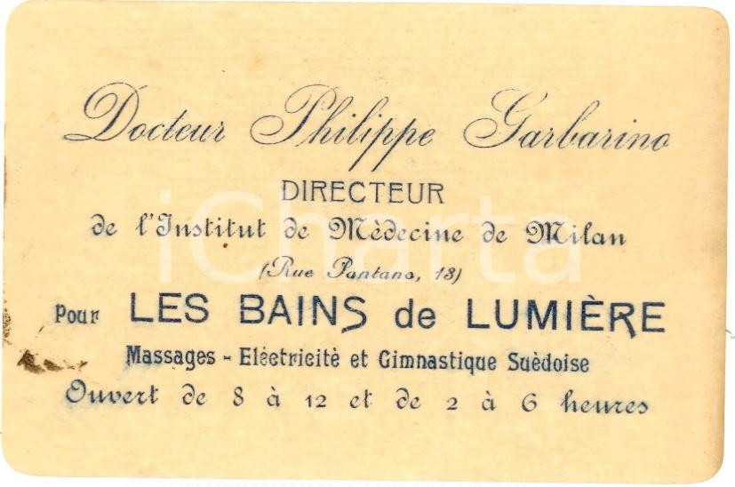 Oggetto da collezione cartaceo 1900 circa MILANO Via Pantano 13 Bains de lumière Philippe GARBARINO 1