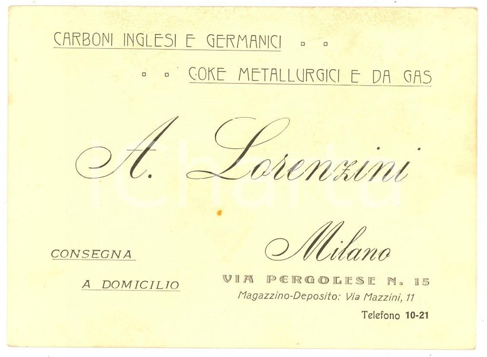 Oggetto da collezione cartaceo 1920 circa MILANO Carboni inglesi e germanici LORENZINI 1