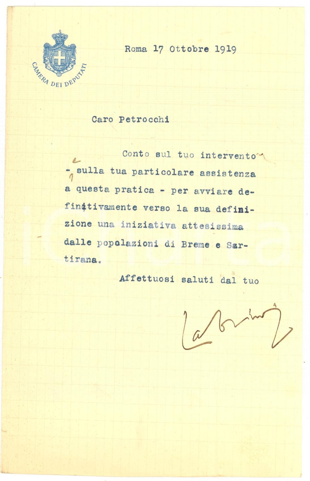 Autografo originale 1919 ROMA Angiolo CABRINI popolazione BREME e SARTIRANA 1