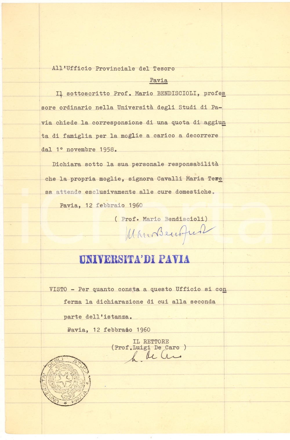 Autografo originale 1960 PAVIA Moglie a carico autografo Mario BENDISCIOLI 1