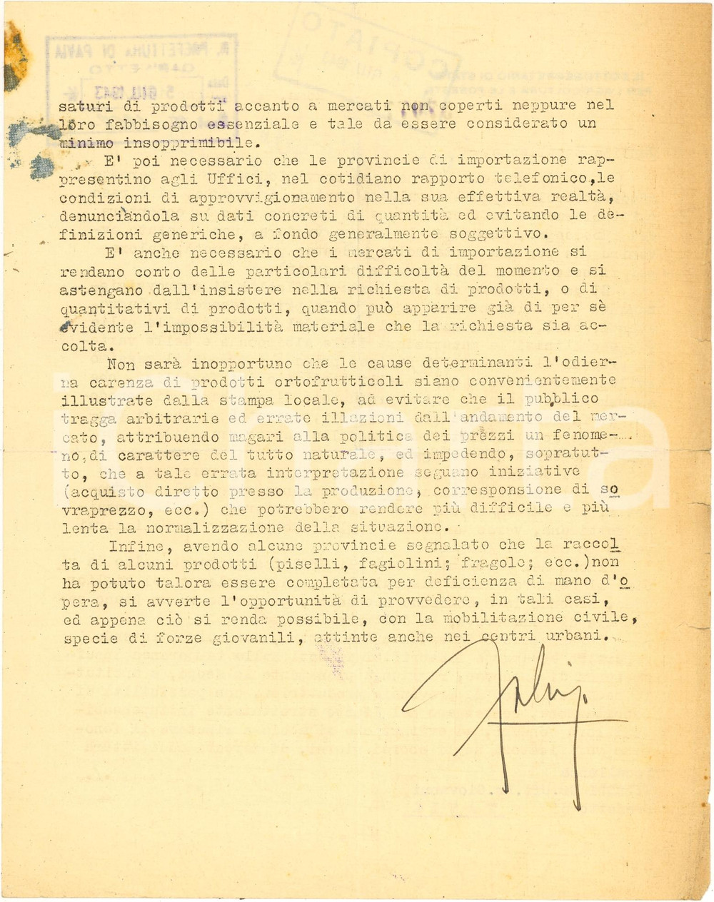 Autografo originale 1943 PAVIA Carenze mercato ortofrutticolo Carlo FABRIZI 1