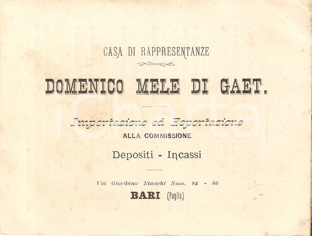 Oggetto da collezione cartaceo 1930 ca BARI Casa di rappresentanze Domenico MELE 1