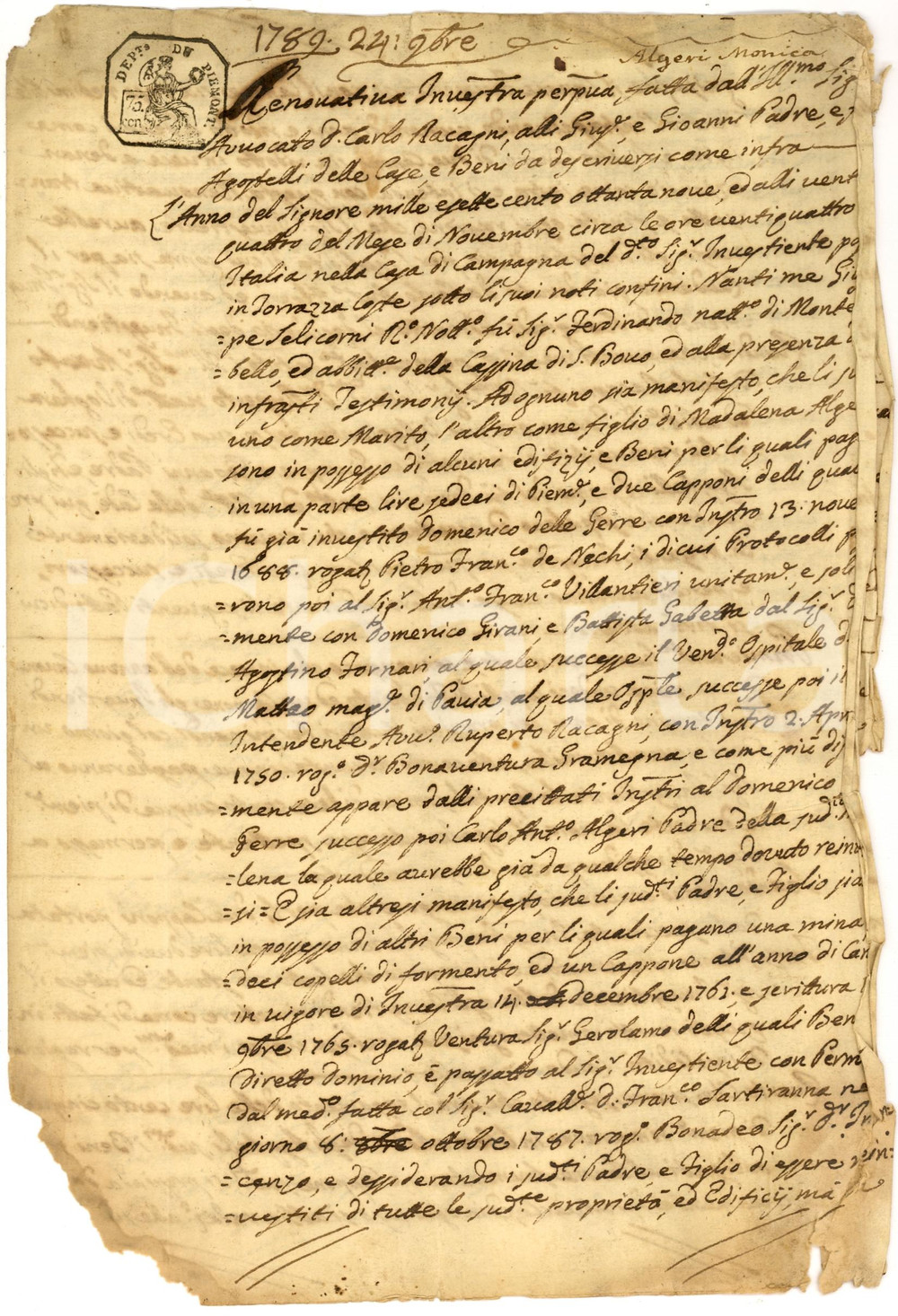Documento originale, autentico 1789 TORRAZZA COSTE (PV) Barone Carlo RACCAGNI rinnova investitura AGOSTELLI 1