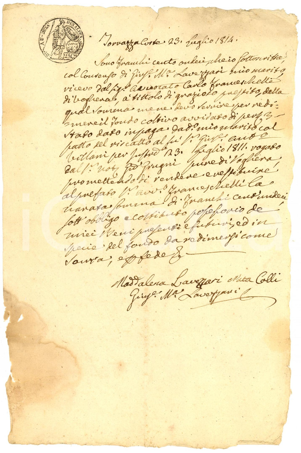 Documento originale, autentico 1814 TORRAZZA COSTE Riscatto Maddalena COLLI LAVEZZARI 1