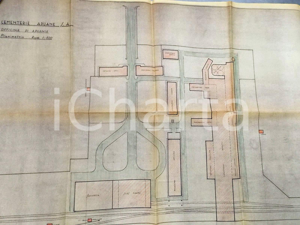 Stampa, bozzetto originale 1941 APUANIA (MS) Cementerie APUANE Planimetria dell'officina 60 x 100 cm 1
