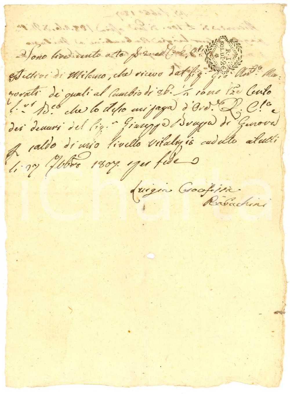 Documento originale, autentico 1807 MILANO Saldo livello Luigia Crocifissa RABACHINI 1