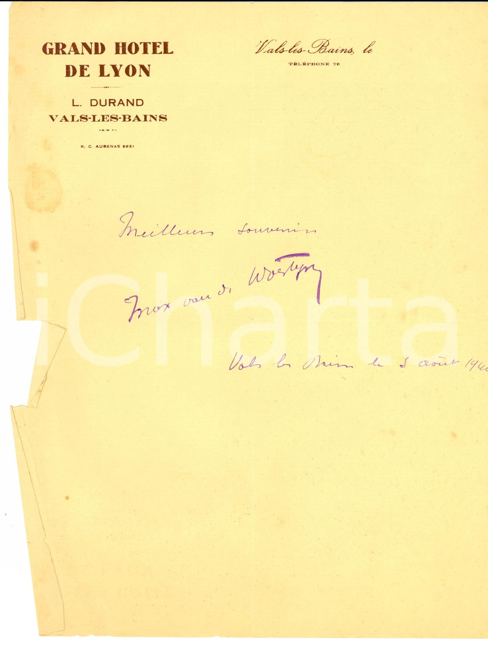 Autografo originale 1940 VALS-LES-BAINS (F) Max van de WOESTYNE Autograph 1