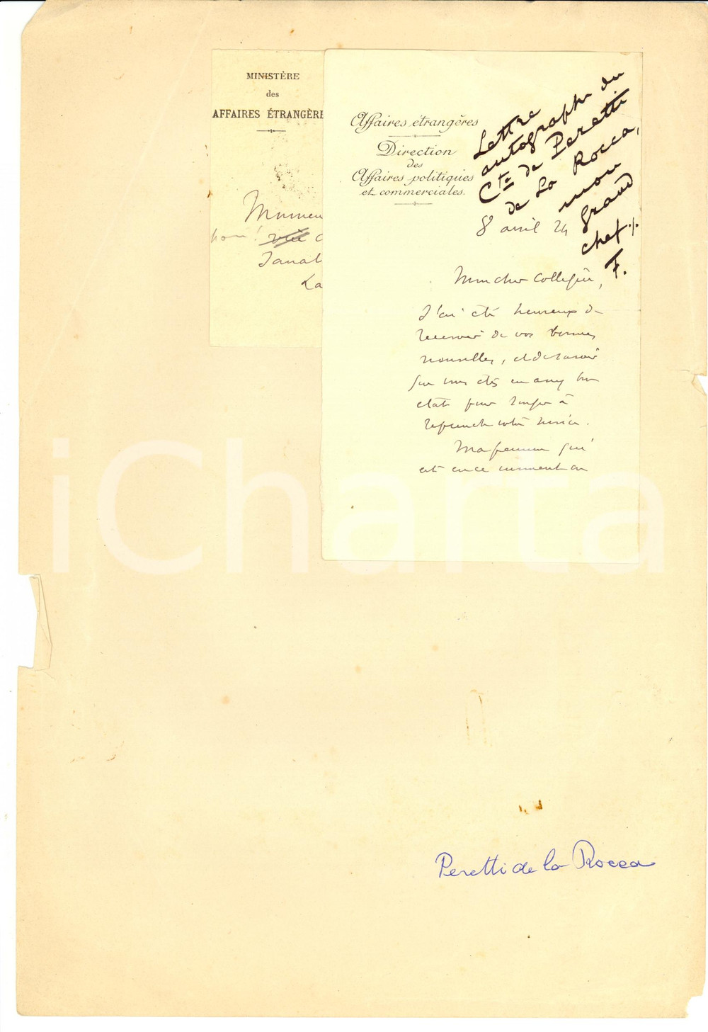 Autografo originale 1924 Diplomatico Emmanuel PERETTI DE LA ROCCA Autografo 1