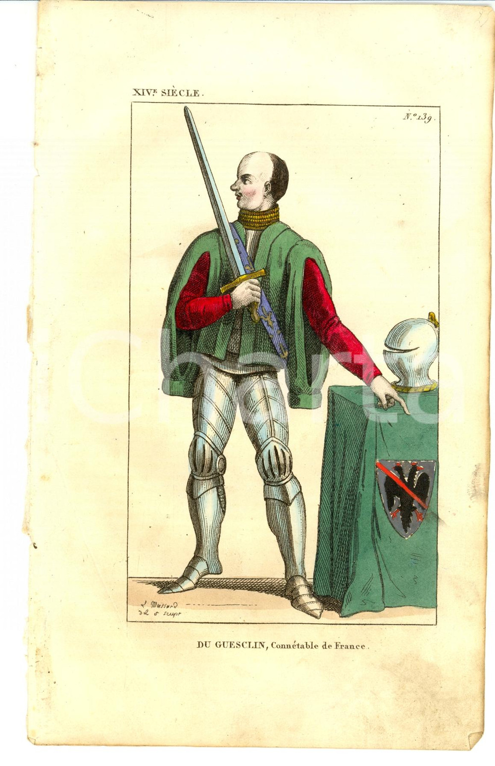 Stampa, bozzetto originale 1852 Bertrand du GUESCLIN ConnÃ©table de France Gravure 1