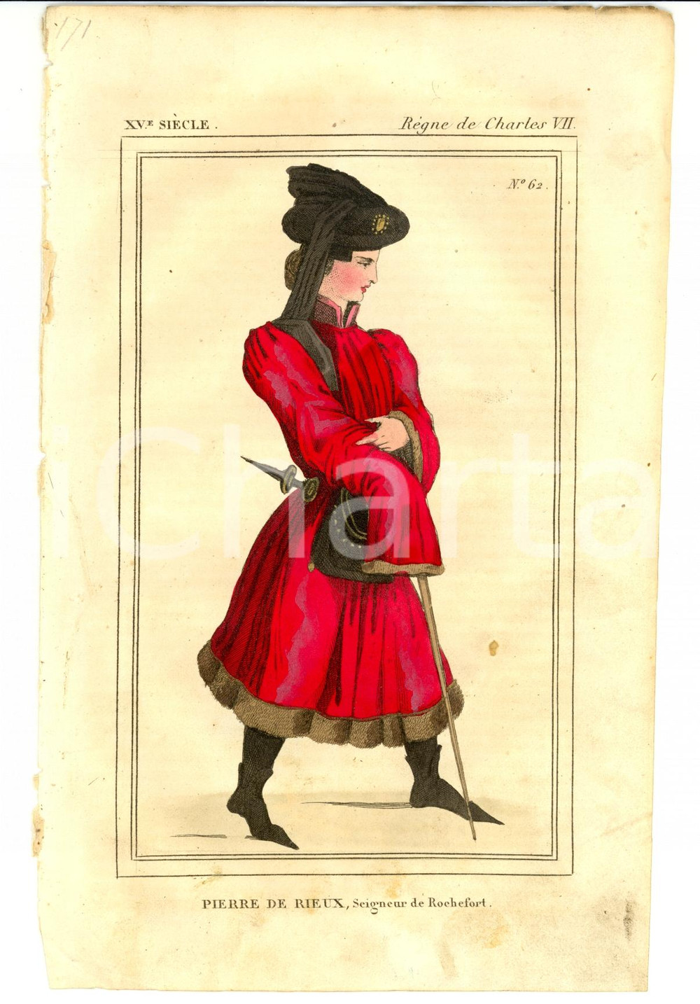 Stampa, bozzetto originale 1852 COSTUME FRANCAIS Pierre de RIEUX de ROCHEFORT 1