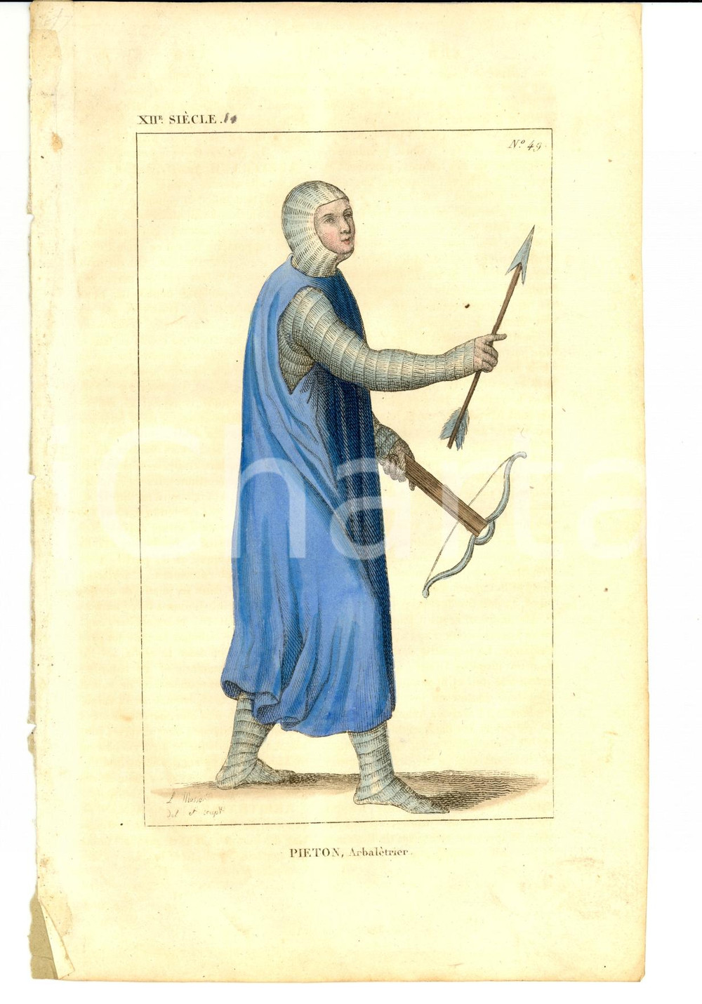 Stampa, bozzetto originale 1852 COSTUME FRANCAIS XII siÃ¨cle PiÃ©ton arbalÃ¨trier 1