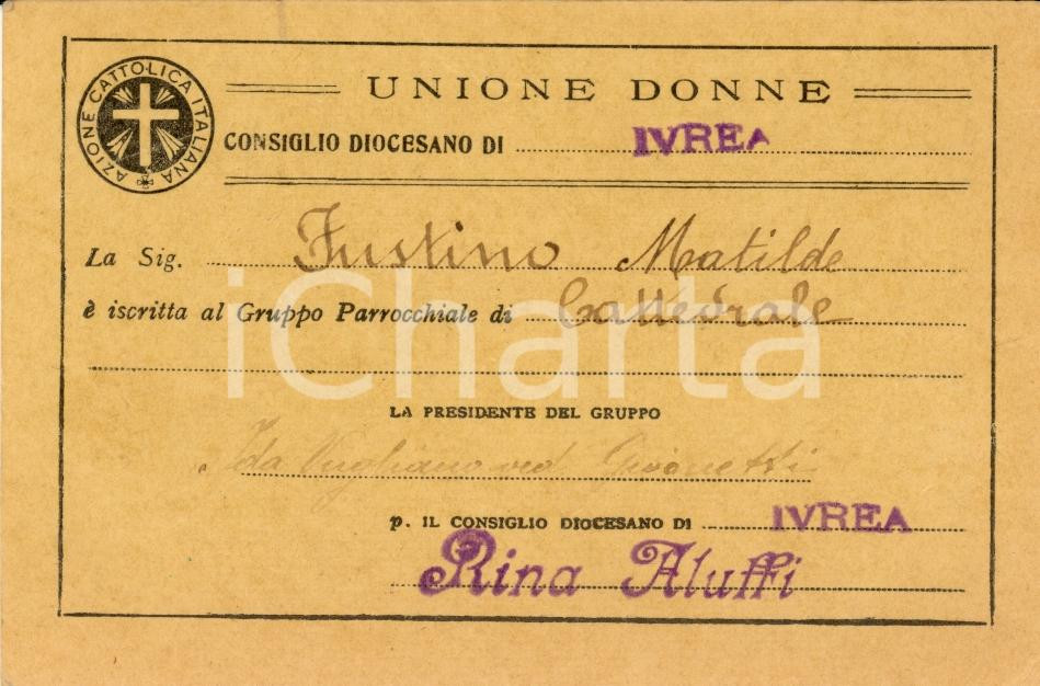 Oggetto da collezione cartaceo 1933 IVREA (TO) Matilde FUSTINO Azione Cattolica Donne 1