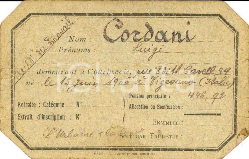 Oggetto da collezione cartaceo 1930 ca COURBEVOIE (France) Sussidio Luigi CORDANI incidente sul lavoro *Tessera 1