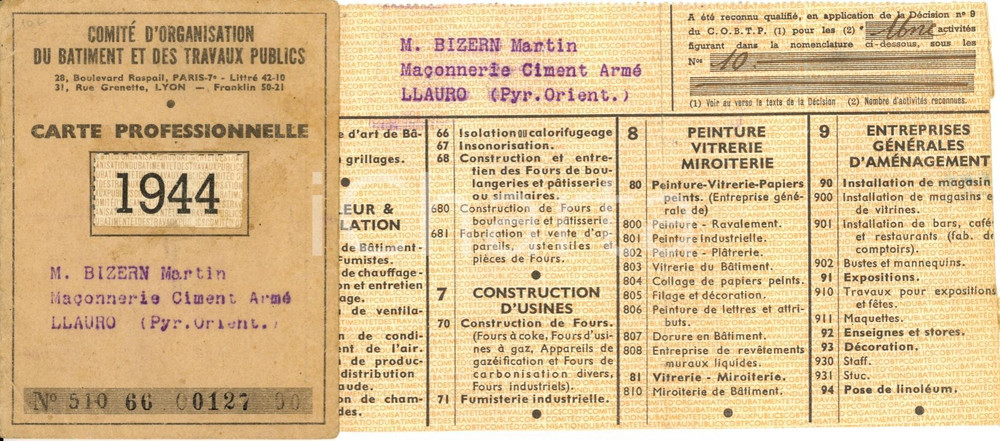 Oggetto da collezione cartaceo 1944 LLAURO (F) Martin BIZERN MaÃ§onnerie Ciment ArmÃ© 1