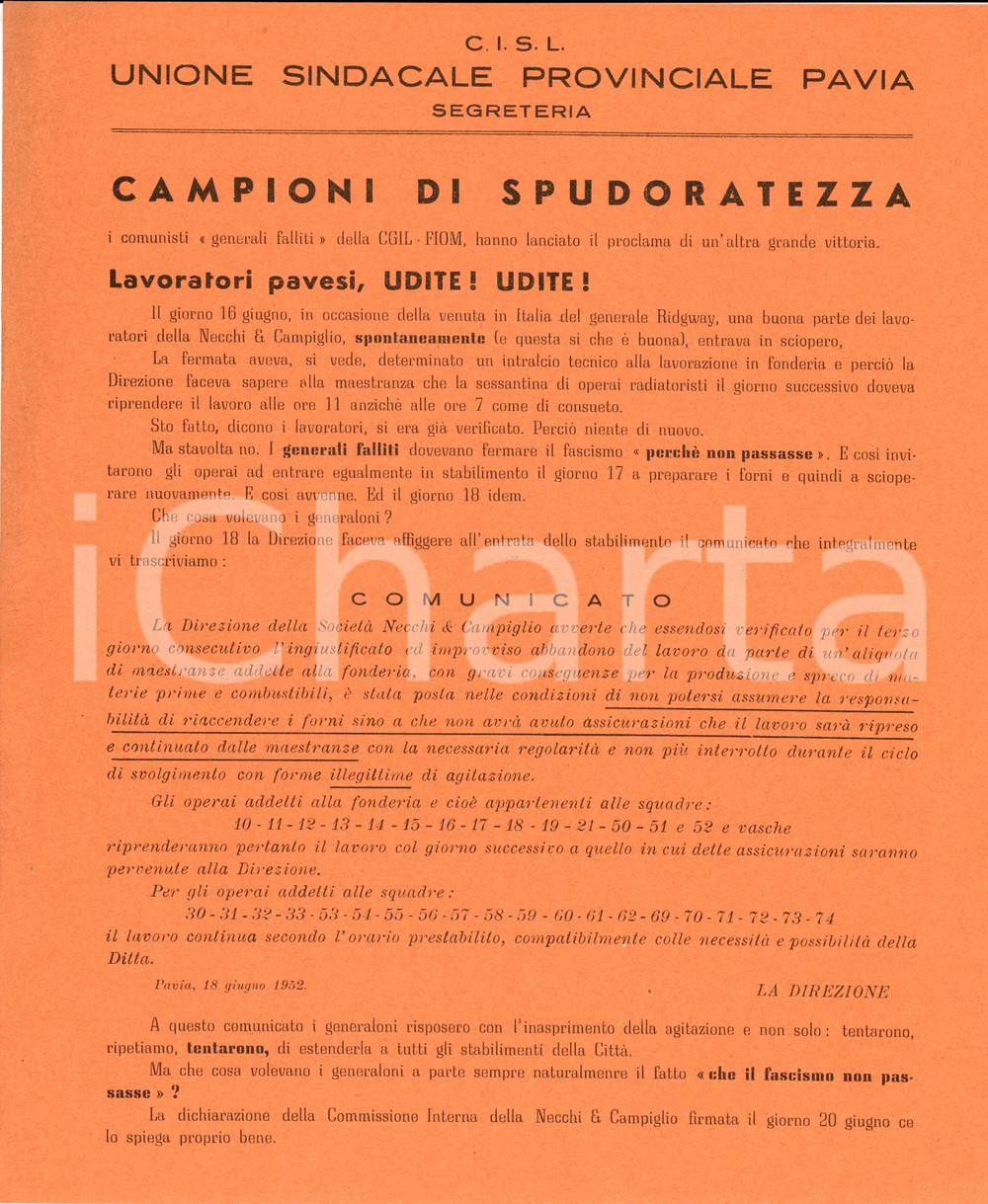 Documento originale, autentico 1952 PAVIA CISL contro CGIL-FIOM per NECCHI & CAMPIGLIO 1