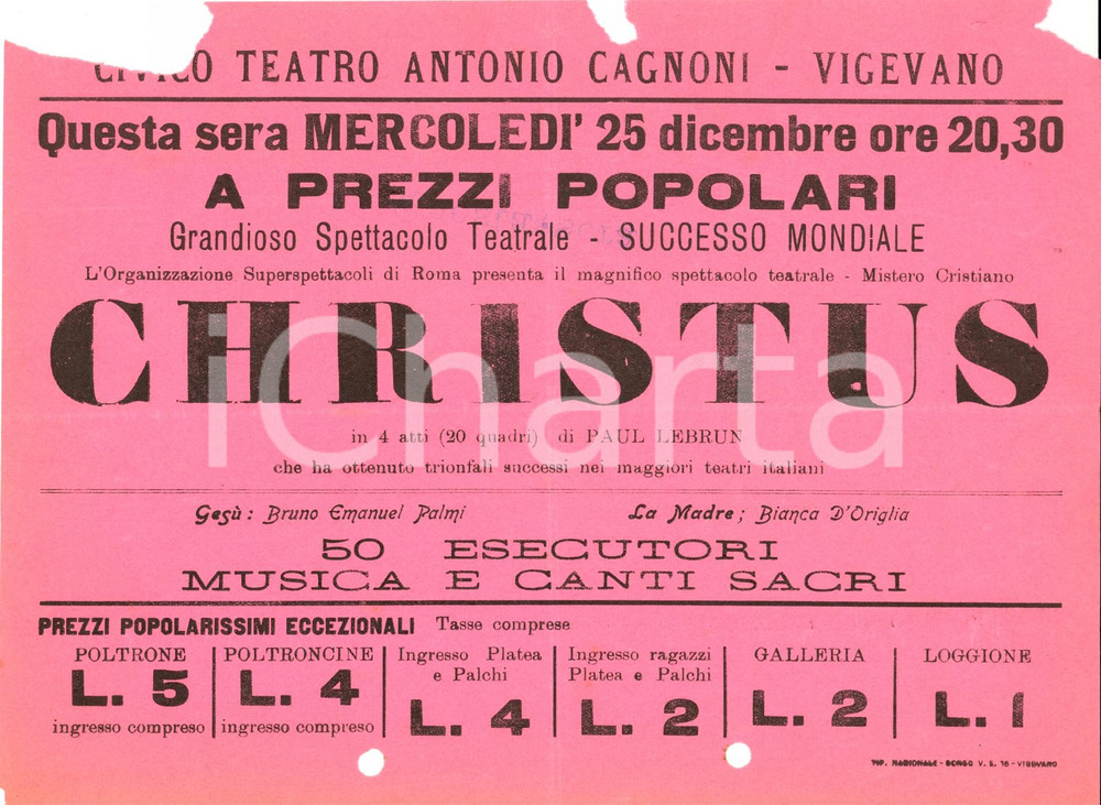 Oggetto da collezione cartaceo 1950 ca VIGEVANO (PV) Spettacolo CHRISTUS Paul LEBRUN 1