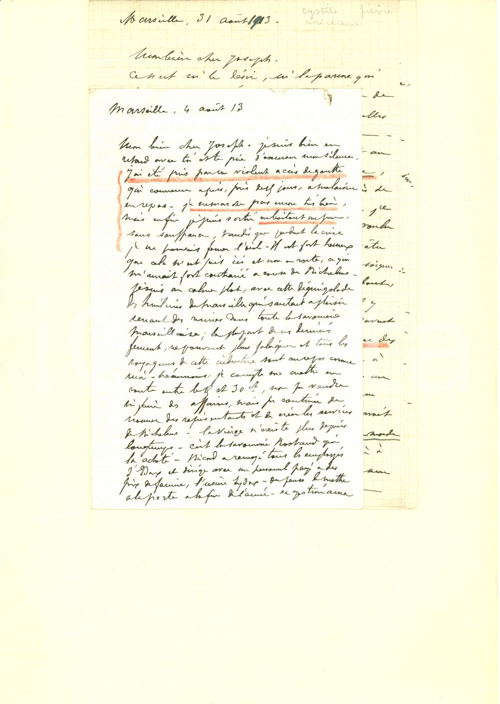 Autografo originale 1913 MARSEILLE Alfred DELPECH DE FRAYSSINET malato di gotta GRAFOLOGIA 1