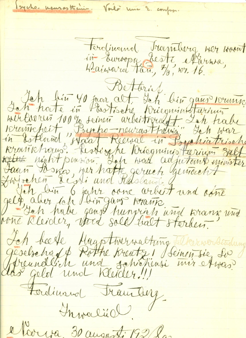 Manoscritto, lettera originale 1928 GERMANIA Psiconevrastenia Ferdinand FRAMBERG Analisi grafologica 1