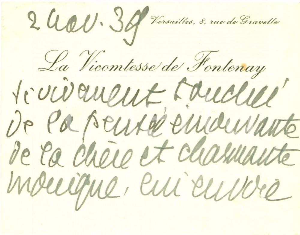 Autografo originale 1939 VERSAILLES Vicomtesse de FONTENAY a Monique de THYBAERT Autografo 1