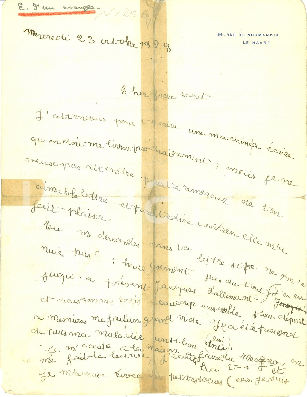 Manoscritto, lettera originale 1929 LE HAVRE Jacques LE MAITRE Scrittura di un cieco Analisi grafologica 1