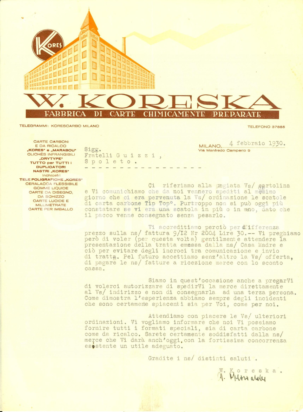 Documento originale, autentico 1930 MILANO Fabbrica W. KORESKA Carte chimiche Invio carta carbone TIP TOP 1